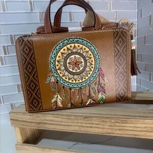 Mexican Artisa Handmade Vegan Leather Brown Dreamcatcher Design Women's Bag